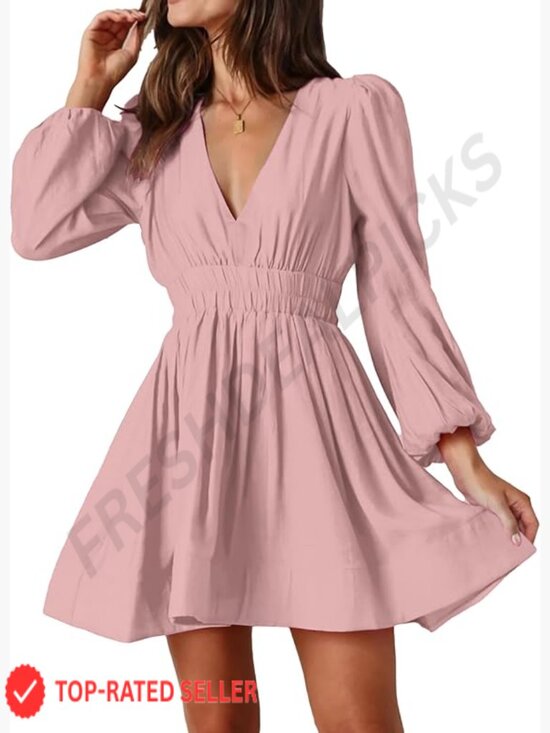 Dresses & Skirts - Mini Deep V Long Sleeve A-Line Flowy Dress for Wedding Guest Cocktail Party